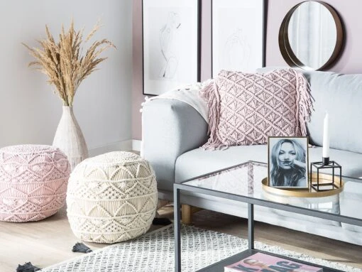 Cotton Macramé Cushion With Tassels 40 X 40 Cm Pink YANIKLAR - Image 2
