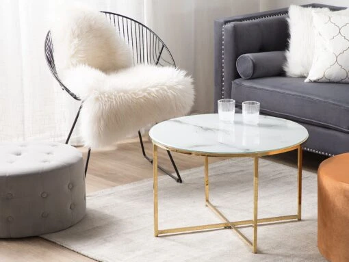 Coffee Table Marble Effect White With Gold QUINCY - Image 2