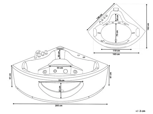 Whirlpool Corner Bath With LED Black TOCOA Various Sizes - Image 10