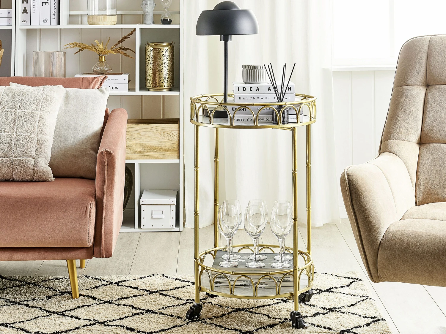 Round Metal Drinks Trolley Gold With Marble Effect SHAFTER - Image 2