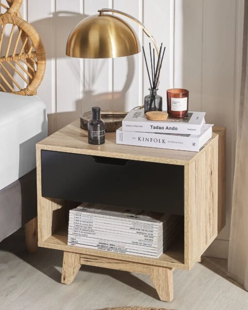 1 Drawer Bedside Table Light Wood With Black SPENCER - Image 2