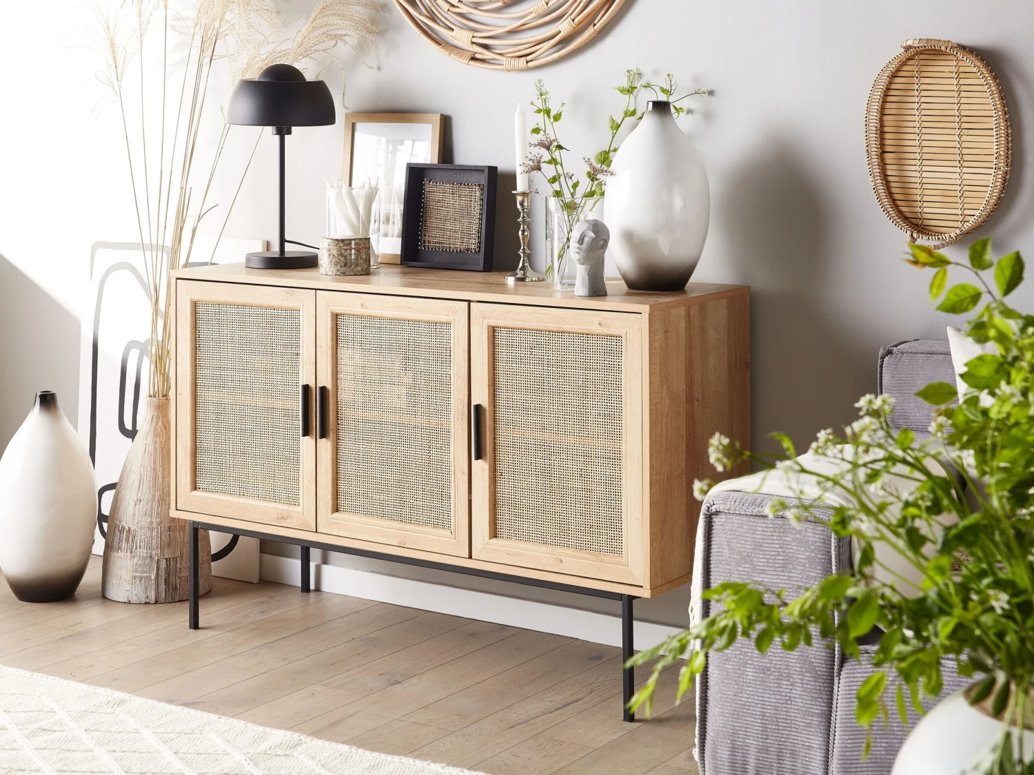 Rattan 3 Door Sideboard Light Wood PASCO - Image 2