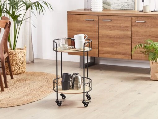Round Metal Kitchen Trolley Light Wood With Black HIKO - Image 2