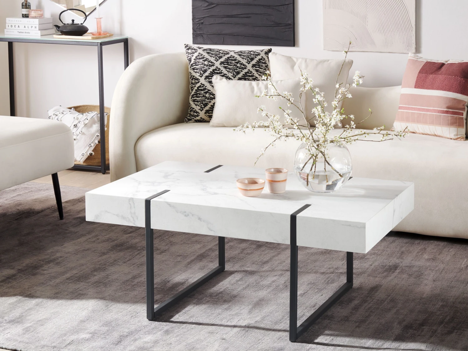 Coffee Table White Marble Effect With Black MERCED - Image 2