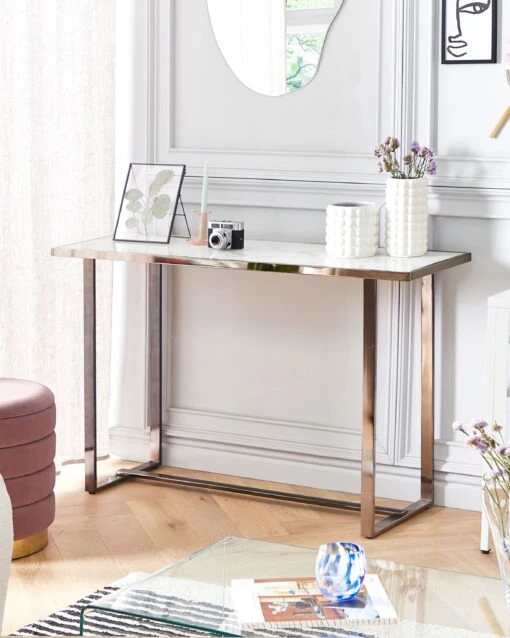 Glass Top Console Table Marble Effect White With Silver PLANO - Image 2