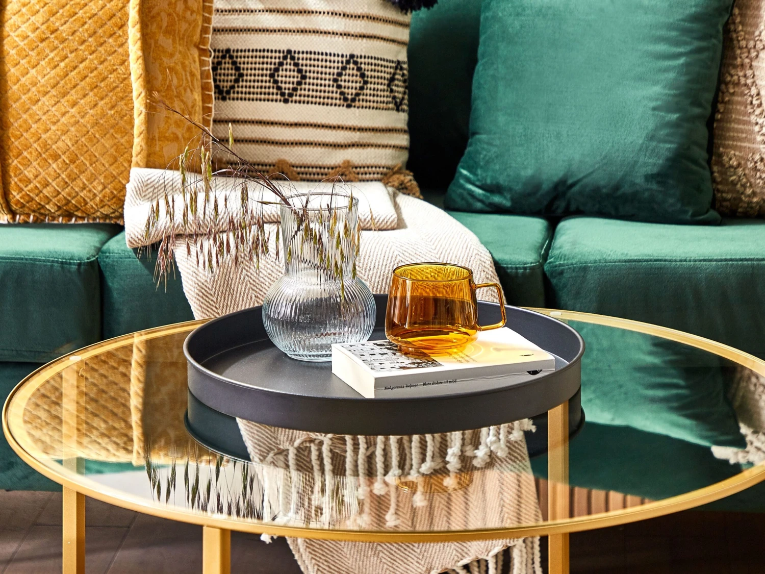 Glass Top Coffee Table With Shelf Gold With Dark Wood LIBBY - Image 3