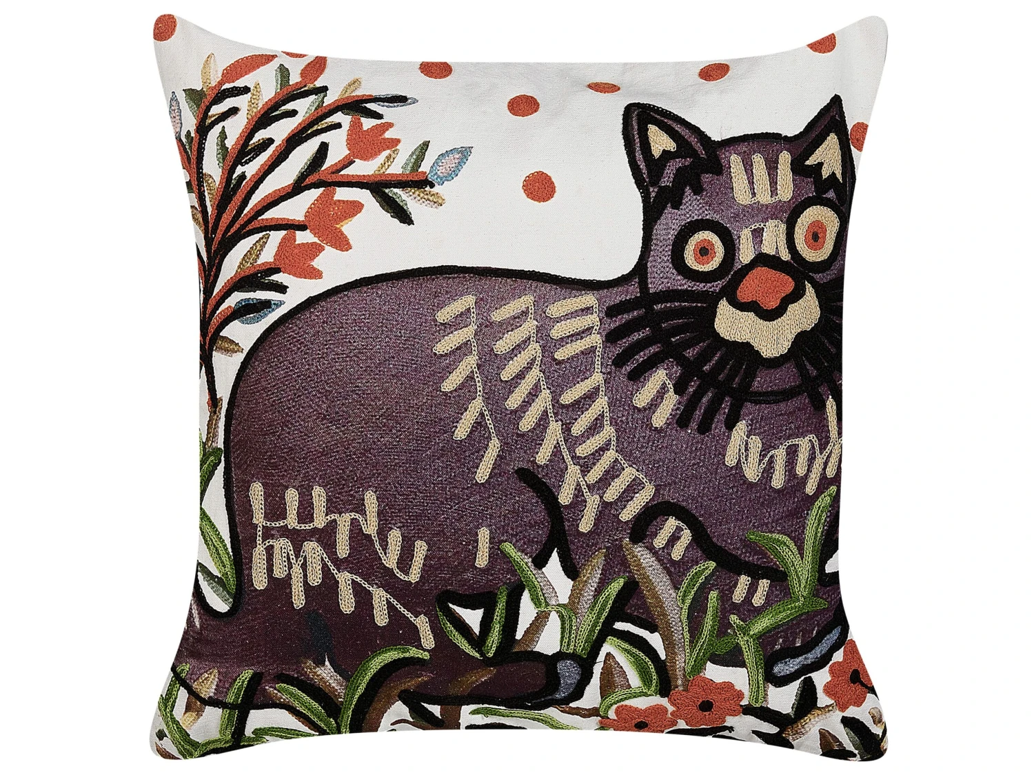 Embroidered Cotton Cushion Cat Motif 50 X 50 Cm Multicolour PHUSRO