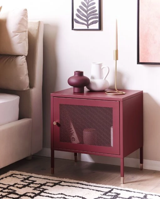 Mesh Door Steel Bedside Table Dark Red OSSETT - Image 2
