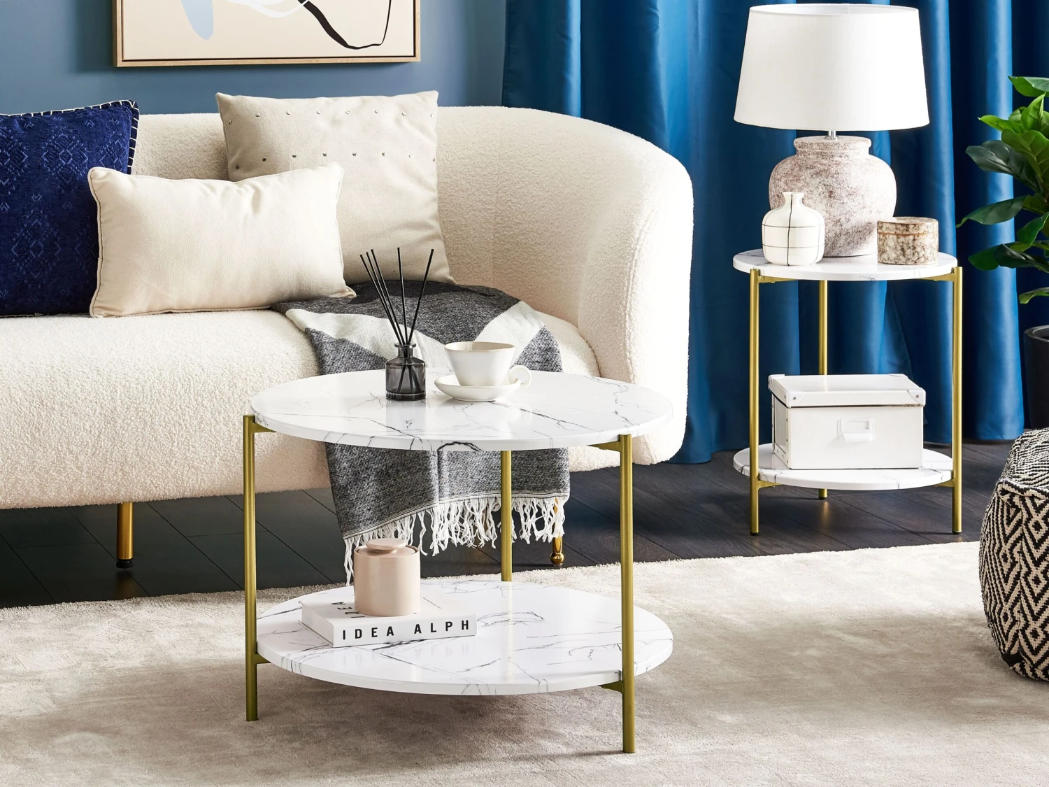 Coffee Table With Shelf Marble Effect White With Gold REVA - Image 2
