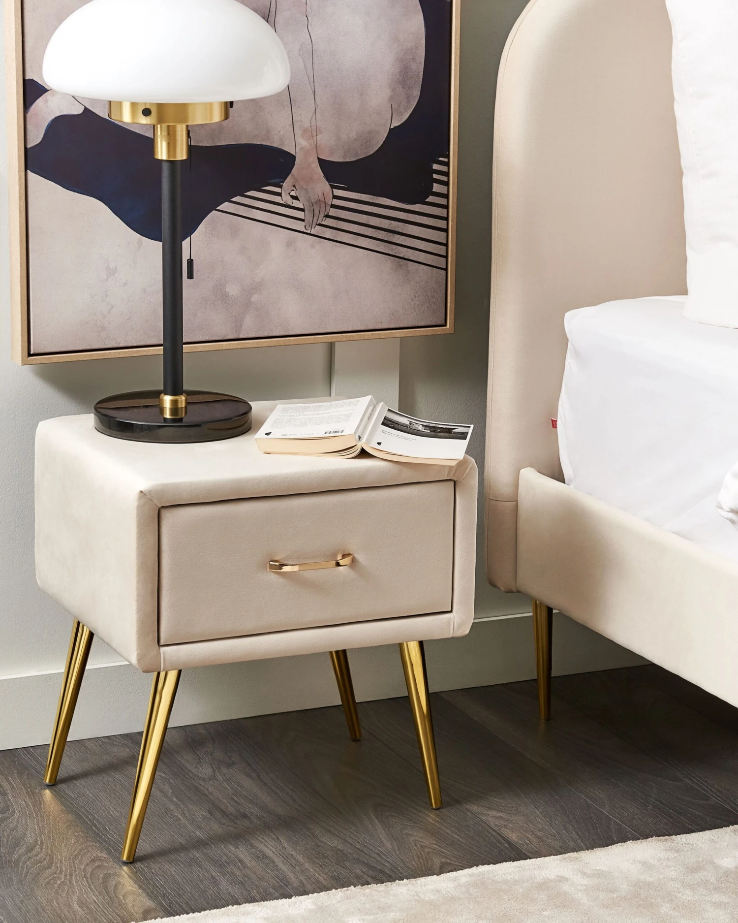 1 Drawer Velvet Bedside Table Beige FLAYAT - Image 2