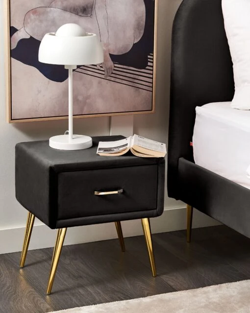 1 Drawer Velvet Bedside Table Black FLAYAT - Image 2