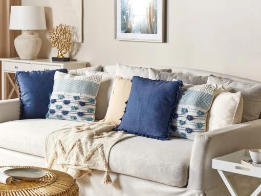 Cotton Cushion With Tassels 45 X 45 Cm White And Blue DATURA - Image 2