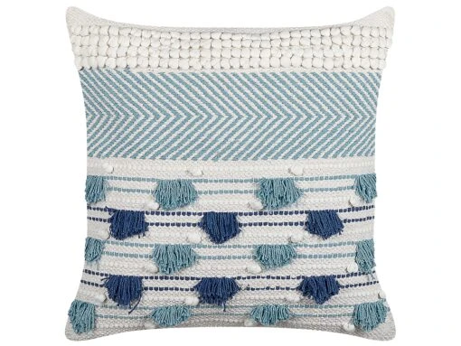 Cotton Cushion With Tassels 45 X 45 Cm White And Blue DATURA