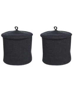 Set Of 2 Cotton Baskets With Lids Black SILOPI