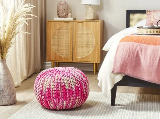 Cotton Knitted Pouffe 50 X 35 Cm White And Pink CONRAD - Image 2