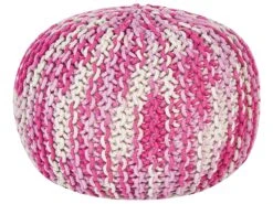 Cotton Knitted Pouffe 50 X 35 Cm White And Pink CONRAD