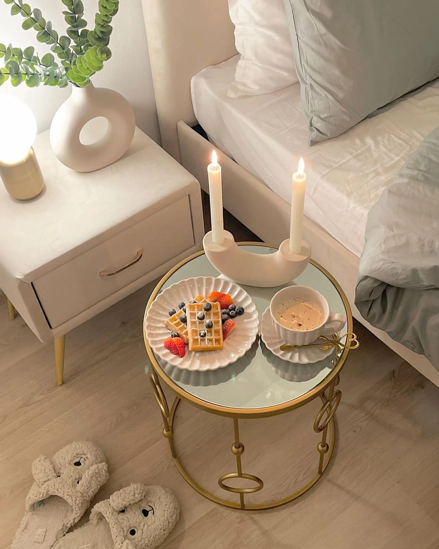 1 Drawer Velvet Bedside Table Beige FLAYAT - Image 3