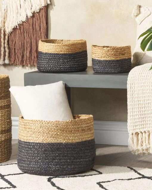 Set Of 3 Jute Baskets Natural And Black JABAR - Image 2