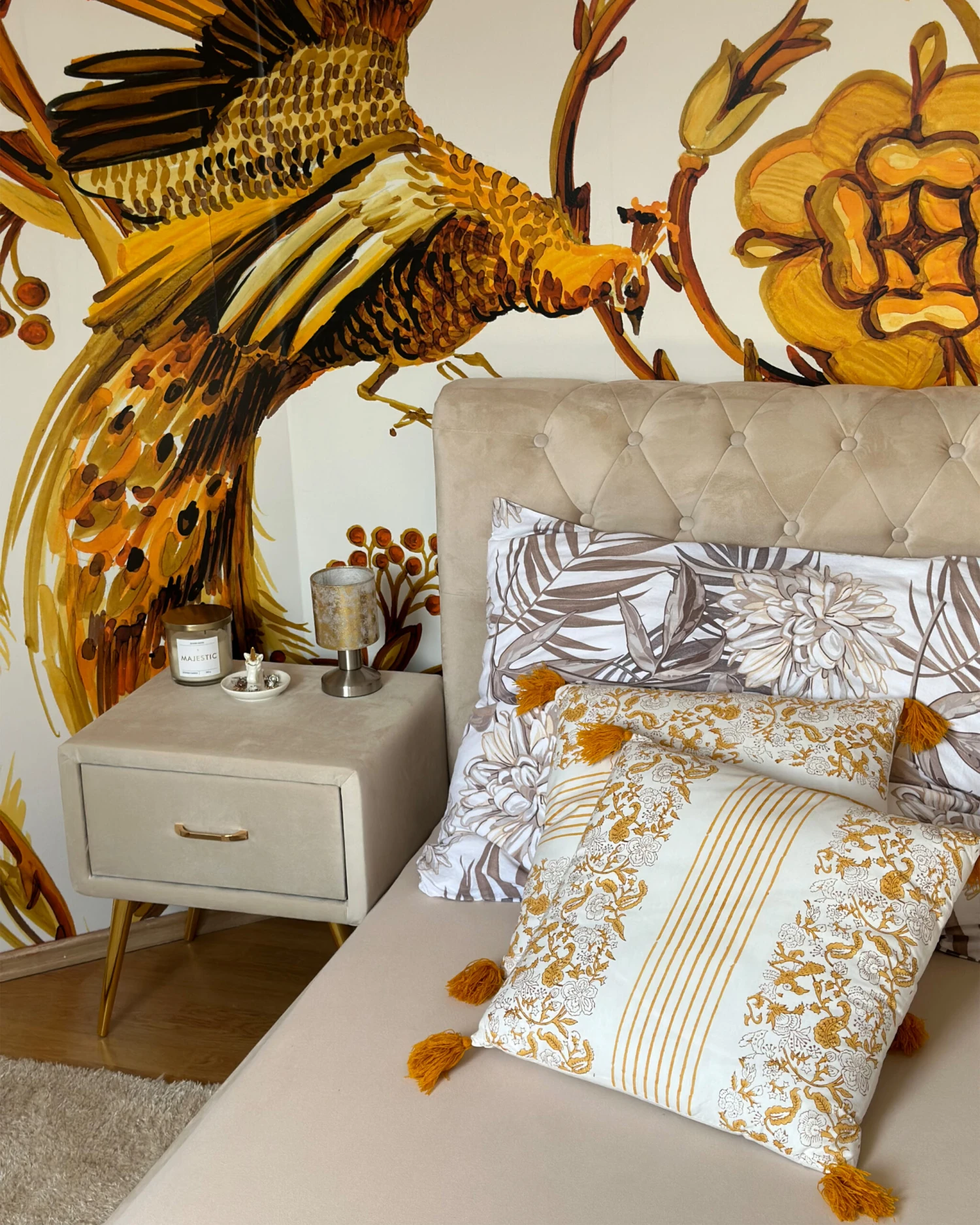 1 Drawer Velvet Bedside Table Beige FLAYAT - Image 4